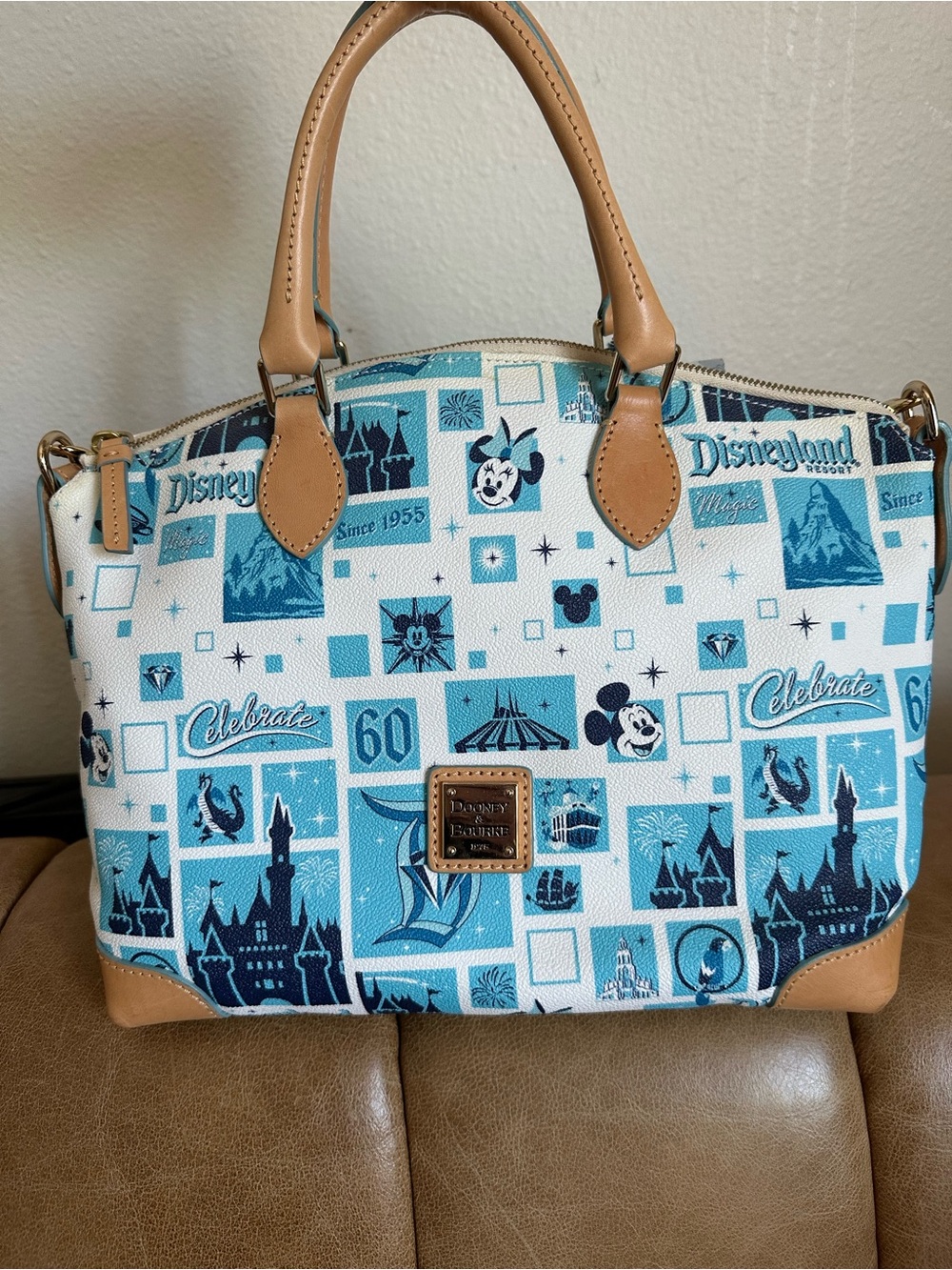 NWT Dooney & Bourke Blue and Tan Disneyland 60th Anniversary Patch Satchel